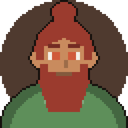 Pixel art token of a red-bearded dwarf-like fighter with a hair bun and a green tunic on a brown round backdrop