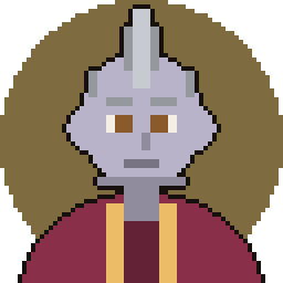 Pixel art token of a pale grey-skinned knight in a crested steel helm and maroon robe with a gold stripe