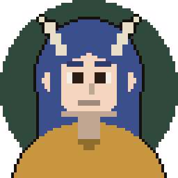 Pixel art token of a blue-haired character with white horns and a golden outfit on a dark green backdrop