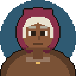 Pixel art token of a dark-skinned character in a maroon hood and brown cloak on a blue backdrop
