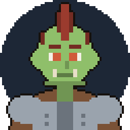Pixel art token of a green-skinned orc with tusks, a red mohawk and grey plate armour