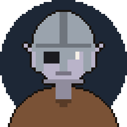 Pixel art token of a grey-skinned soldier in a steel helm wearing an eyepatch