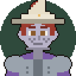Pixel art token of a red-haired wizard in a white pointed hat with a wide brim and a purple robe