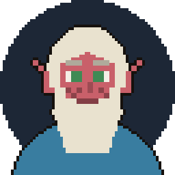 Pixel art token of a red-skinned elder with a long white beard, pointed ears and a blue tunic