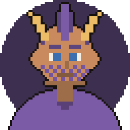 Pixel art token of a freckled character with gold horns, a purple crest and a purple robe on a dark purple backdrop