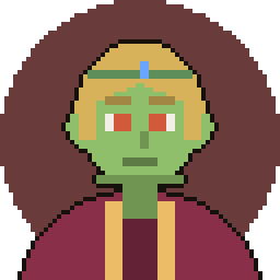 Pixel art token of a green-skinned blonde character wearing a circlet and a red robe