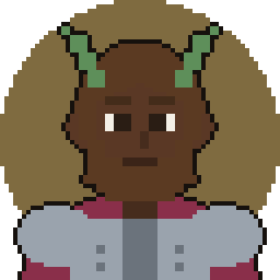 Pixel art token of a deep-skinned character with green horns and grey shoulder armour on an olive backdrop