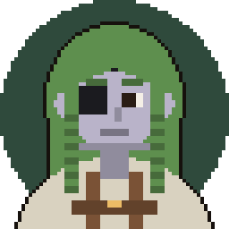 Pixel art token of a grey-skinned character with long green braids, an eyepatch and a cream outfit with leather straps